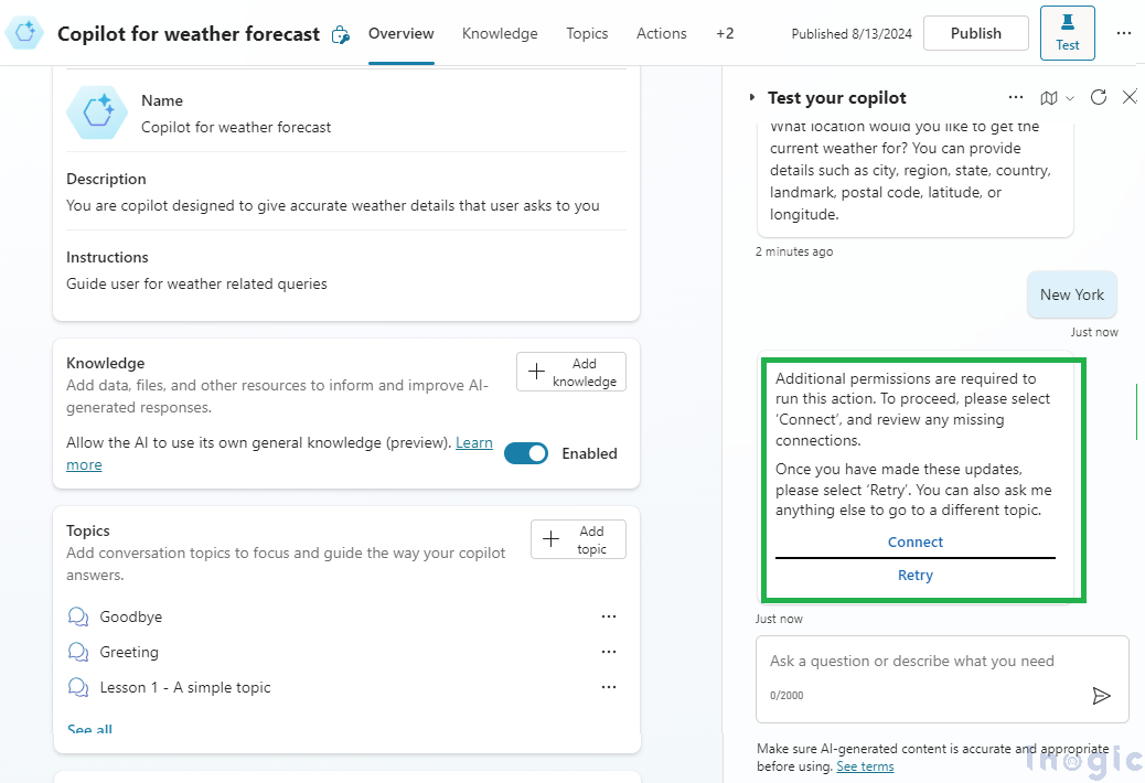 Configuring copilot by using different end user authentication for actions