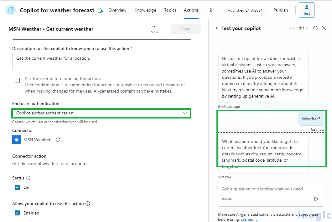 Configuring copilot by using different end user authentication for actions