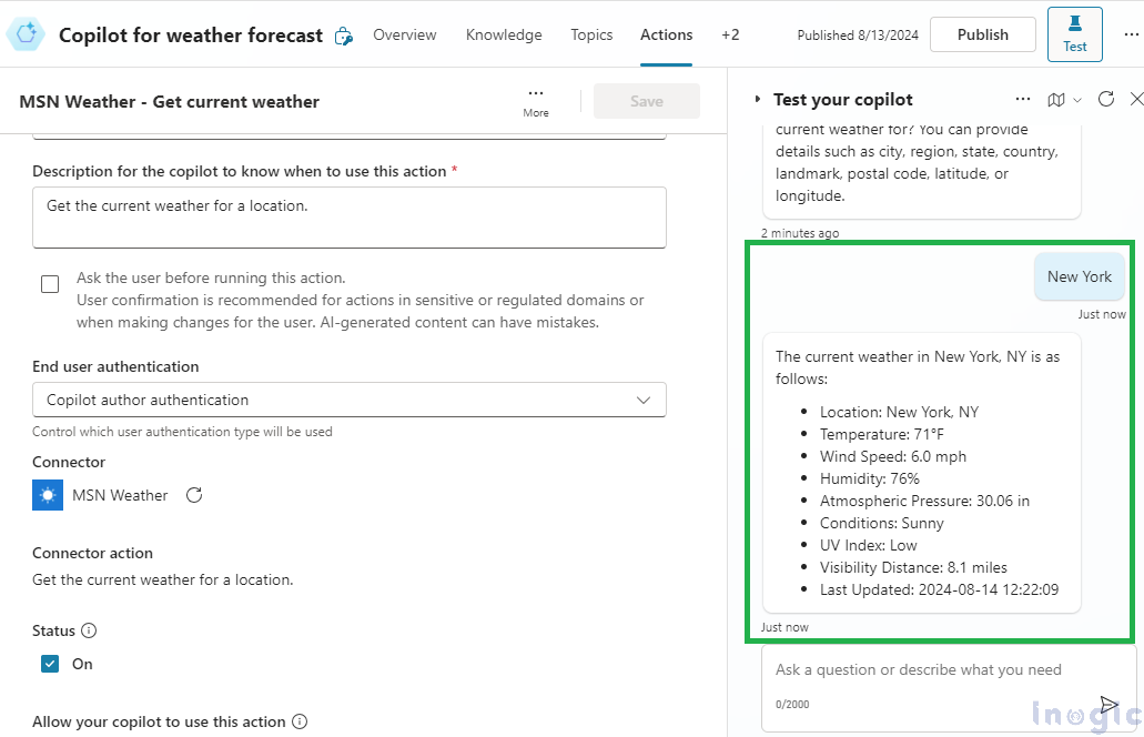 Configuring copilot by using different end user authentication for actions