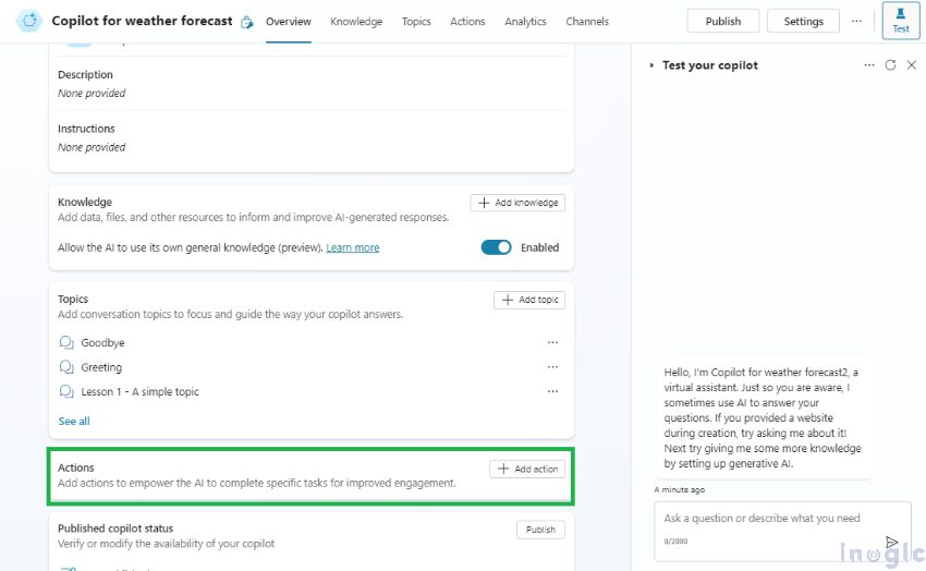 Configuring copilot by using different end user authentication for actions 