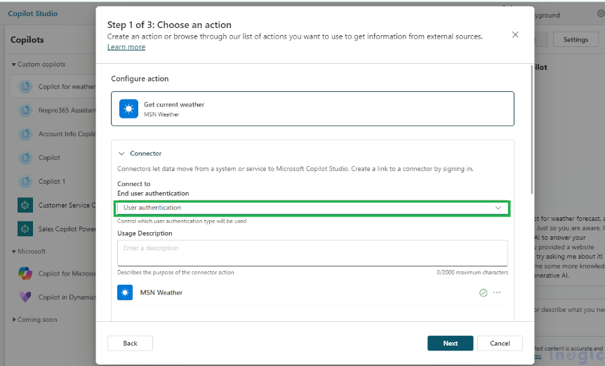 Configuring copilot by using different end user authentication for actions 