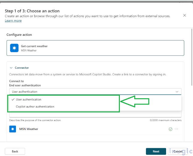 Configuring copilot by using different end user authentication for actions 